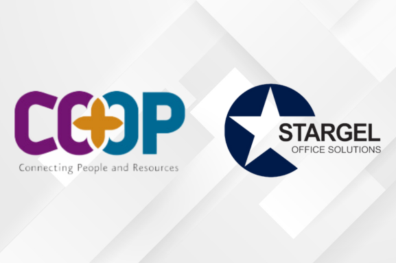 Co+ Op and Stargel logos over an abstract white and gray background